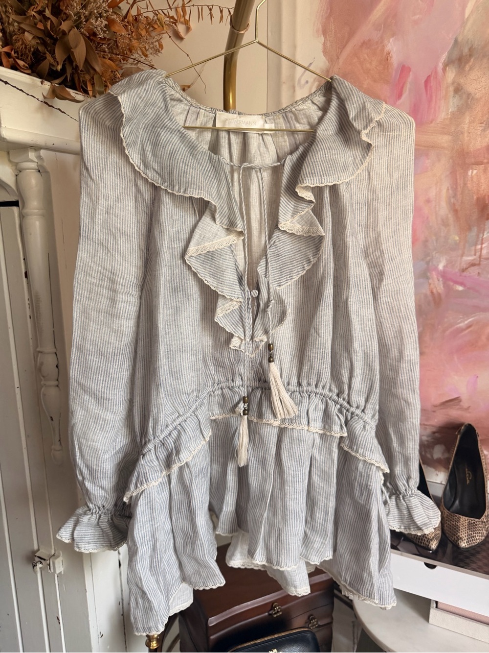Zimmermann Cream and Light Blue Striped Ruffle Peasant Blouse